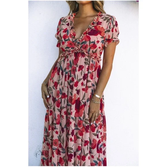 024 Boho Floral Print Puff Sleeve Maxi Dress - Picture 2 of 3